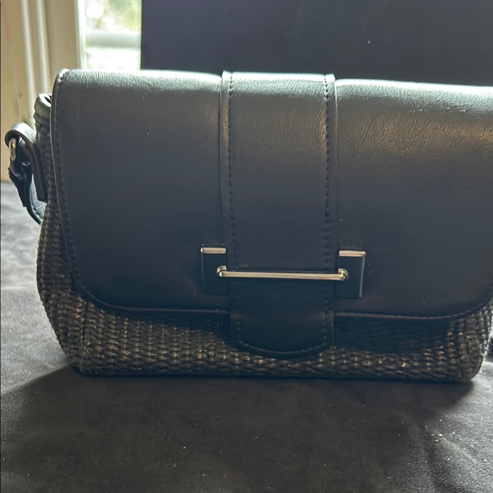 Elegant Black Leather and Woven Crossbody Bag